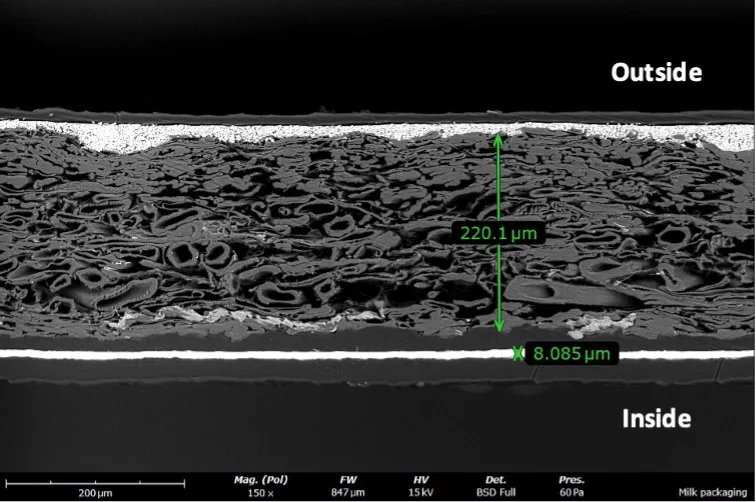 常温牛奶包装纸盒的截面扫描电子显微镜图